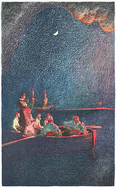 Illustration of pirates rowing ashore in the moonlight by Howard Pyle.