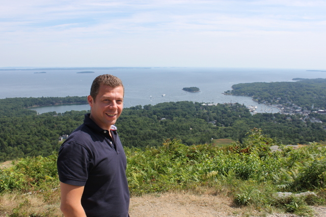 Acadia Center excursion hiking on Mount Battie overlooking Camden, Maine, harbor, bay, and islands.