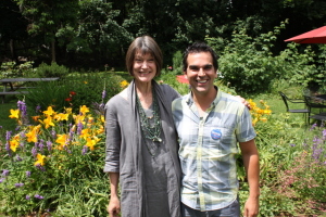 English immersion course teacher with student from Quebec in Acadia Center garden.